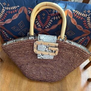 Guess Brown Woven Tote with Snake Print Accent